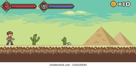 Pixel art desert game scene with character, life bar and mana vector background for 8bit game
