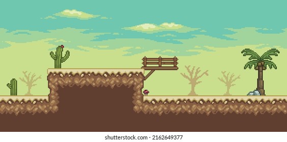 Pixel art desert game scene with  palm tree, cactuses, bridge 8bit background vector