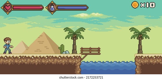 Pixel art desert game scene with character, life bar and mana vector background for 8bit game