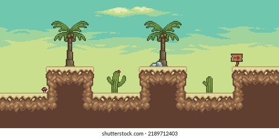 Pixel art desert game scene with palm tree, cactuses 8bit landscape background