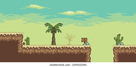 Escena de juegos del desierto del arte del piano con palmera, cactús, vector de fondo de 8 bits