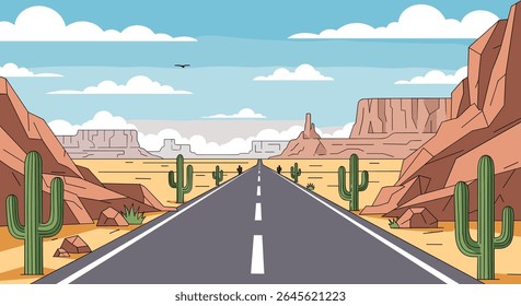 Pixel Art Desert Highway Cenário com Cacti e montanhas