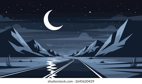Pixel Art Desert Highway Under a Crescent Moon