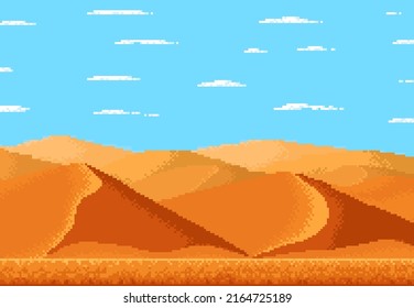 Pixel art desert landscape, 8bit game background with sand and sky, vector scene. 8 bit pixel game or video arcade cartoon level of desert and sky landscape of Egypt or Sahara sands