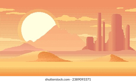 Pixel Art Wüstenlandschaft. 8-Bit-Videospiel-Ebene mit Sandbergen und Sonnenuntergang. Retro Pixel Spiel Cartoon Landschaft von Arizona oder Texas Wüste mit Canyon Felsen und Sonne. Vektorhintergrund.