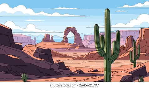 Pixel Art Paisagem do Deserto com Arcos e Cactos