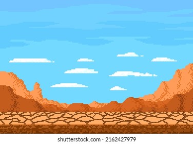 Pixel Art Desert Landscape, Cracked Soil Ground For Game Level Background, 8bit Vector. Pixel Art And Video Game Landscape Of Dry Ground Desert Of Arizona Or Texas Mountains With 8 Bit Clouds In Sky