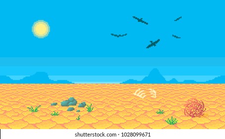 Pixel art desert seamless background. Vector illustration.