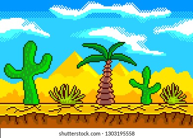 Pixel art desert seamless background detailed colorful vector illustration