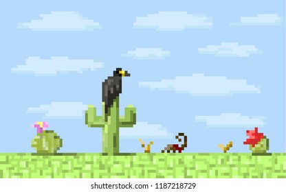 Pixel art desert. Sky.  Vector illustration