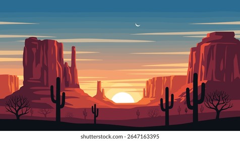 Pixel Art Deserto Pôr do Sol Paisagem com Mesas e Cacti