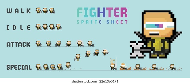 Pixel Art Design-Charakter auf Fighter Die Idle Illustration bereit für Game-Sprite-Blatt-Animation Rahmen durch Frame
