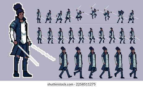 Pixel Art Design Character Holding Sword Run Jump Kick Defend Illustration Ready To Use For Game Sprite Sheet Animation Frame By Frame 