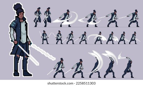 Pixel Art Design Charakter, der Schwert Run Jump Kick Defend Illustration bereit für die Verwendung für Game Sprite Sheet Animation Frame durch Frame 