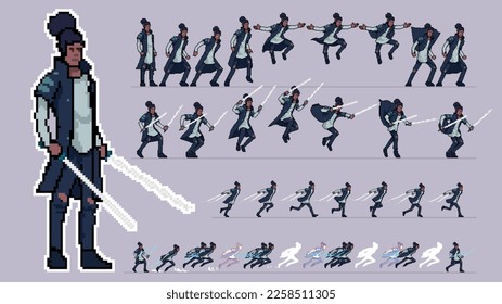 Pixel Art Design Character Holding Sword Run Jump Kick Defend Illustration Ready To Use For Game Sprite Sheet Animation Frame By Frame 