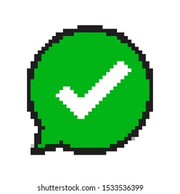 Pixel art design of check mark. Vector illustration. Green Checkmark icon in flat style, isolated
