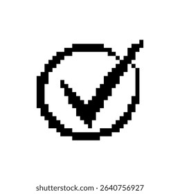 Pixel art design of a check mark symbol, resembling retro gaming icons. simple and bold.