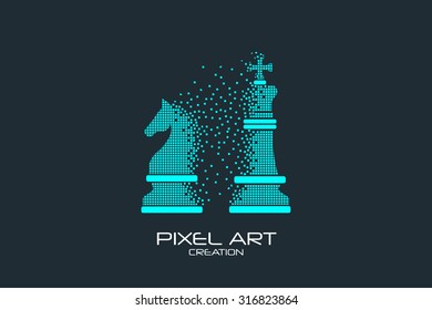 Diseño artístico de Pixel del caballero del ajedrez y el logo del rey.