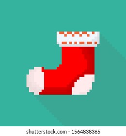 Pixel art design of christmas sock. Vector illustration. Christmas sock icon in flat style isolated