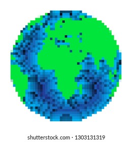 Pixel art design of Earth. Vector illustration. Colorful planet Earth in pixel style isolated