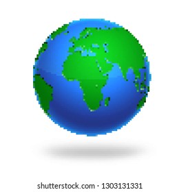 Pixel art design of Earth. Vector illustration. Colorful planet Earth in pixel style isolated