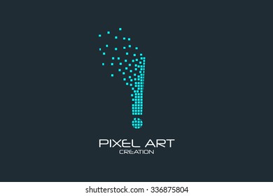 Pixel art design of the exclamation mark logo.