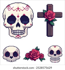 Um design de arte de pixel com crânios, uma cruz adornada com rosas e elementos decorativos detalhados, perfeito para projetos de Halloween ou Day of the Dead