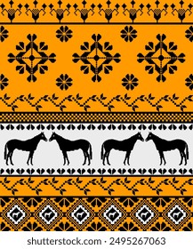 A pixel art design featuring symmetrical patterns of flowers and horses. The repeating motifs create a visually striking and traditional look. Pixel art is prominently used in each element, 