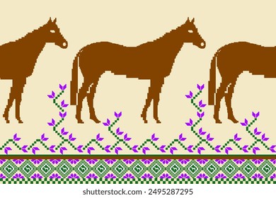  a pixel art design featuring symmetrical patterns of flowers and horses. Pixel art is prominently used in each element, giving the design a distinctive, nostalgic charm.