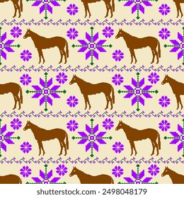 Un diseño de pixel art con patrones simétricos de flores y caballos. Los motivos repetitivos crean un aspecto visualmente llamativo y tradicional. El pixel art se usa de manera prominente en cada elemento, nostálgico