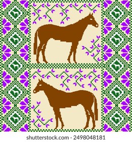 Un diseño de pixel art con patrones simétricos de flores y caballos. Los motivos repetitivos crean un aspecto visualmente llamativo y tradicional. El pixel art se usa de manera prominente en cada elemento, nostálgico