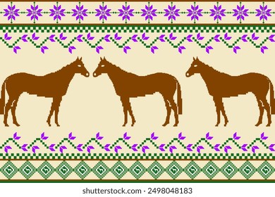 Un diseño de pixel art con patrones simétricos de flores y caballos. Los motivos repetitivos crean un aspecto visualmente llamativo y tradicional. El pixel art se usa de manera prominente en cada elemento, nostálgico