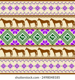 Un diseño de pixel art con patrones simétricos de flores y caballos. Los motivos repetitivos crean un aspecto visualmente llamativo y tradicional. El pixel art se usa de manera prominente en cada elemento, nostálgico