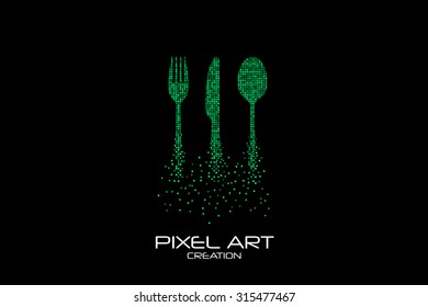 Pixel art design of the fork, spoon and knife logo.