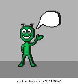 Pixel art design - green alien or monster with smile and speech bubble. Pixelated style.