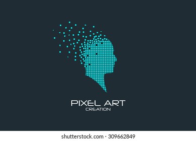 Pixel art design of the human head logo.