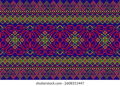 A pixel art design inspire, textiles, featuring colorful floral ,geometric motifs blue background. This traditional pattern, Bohemian Style , Indian, Middle Eastern, and ethnic, Retro Pixel , textile