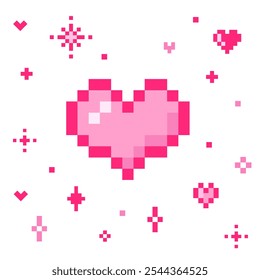 Ein Pixel-Art-Design eines großen rosa Herzens, umgeben von kleineren Herzen und funkelt. Dieses 8-Bit-Symbol eignet sich perfekt für Spiele, digitale Kunst und Retro-Projekte.