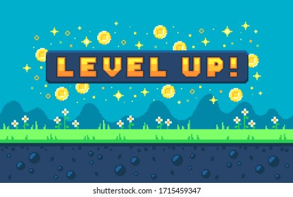 Pixel art design with outdoor landscape background. Colorful pixel arcade screen for game design. Banner with button level up. Game design concept in retro style. Vector illustration. - Shutterstock ID 1715459347