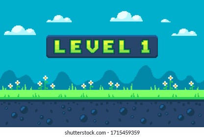 Pixel art design with outdoor landscape background. Colorful pixel arcade screen for game design. Banner with button level 1. Game design concept in retro style. Vector illustration.