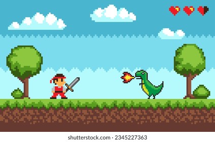 Pixel art design with outdoor landscape background. Colorful pixel arcade screen with hero and dragon for game design. Banner with fight. Game design concept in retro style. Vector illustration