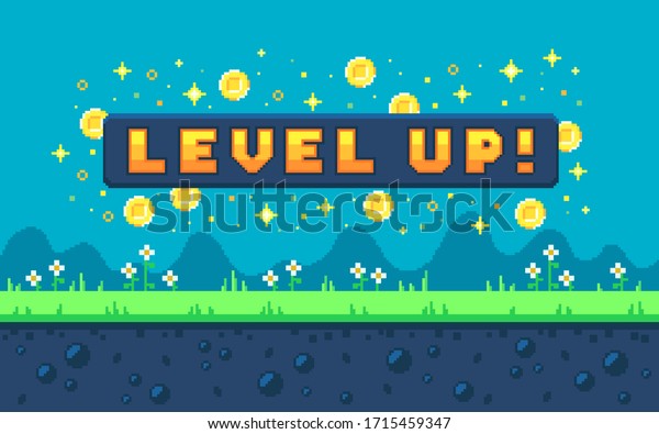 Pixel art\
design with outdoor landscape background. Colorful pixel arcade\
screen for game design. Banner with button level up. Game design\
concept in retro style. Vector\
illustration.