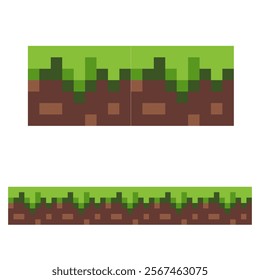 Pixel art design showcasing a layer of green grass atop brown dirt with detailed pixel shading, commonly seen in retro or 2D video games. Simple yet vibrant with a blocky, minimalist style.