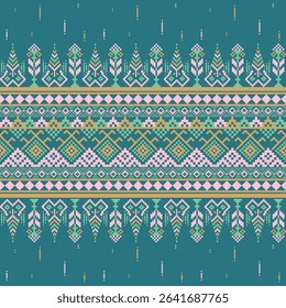 Pixel art design with stylized tree forms, diamond bands, and tribal stripes over a teal green background.