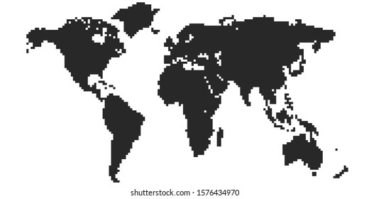Pixel art design of World Map. Vector illustration. Black World Map in pixel style