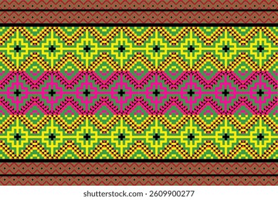 A pixel art design,Textiles, geometric motifs, This traditional patten,  geometric pattern inspired by ancient tribal textiles.This pixel art design, use in rugs, home decoration,Clothing,Accessories