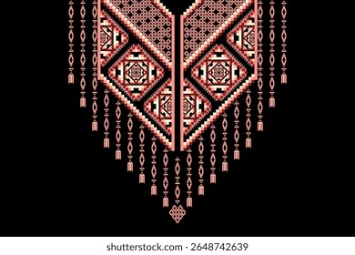 Pixel art design,traditional ethnic geometric pattern specifically crafted,garment neckline.Rich earth tones,black, peach, reddish-brown,vintage digital embroidery aesthetic apparel design,textile
