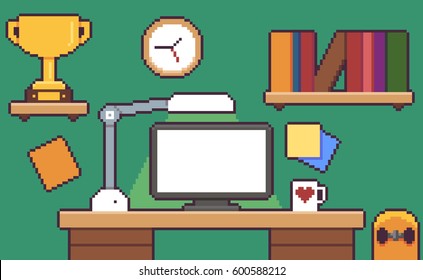 Pixel art desk room interior with desk, monitor, golden cup, skateboard, bookshelf and clock