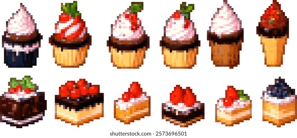 Pixel art dessert cake set. 8bit Chocolate cream pie, sweet berry decorations, candles, and fun birthday party elements. Vector illustrations for game.