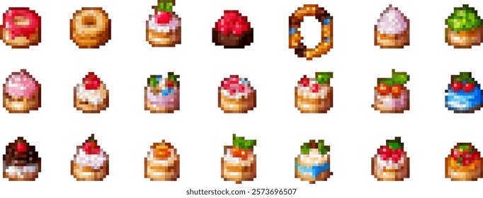 Pixel art dessert set for a 8bit game. Donut, chocolate cake, pie, and eclair with cream and berry decorations. Sweet candy, cherry, and candles in vector style.